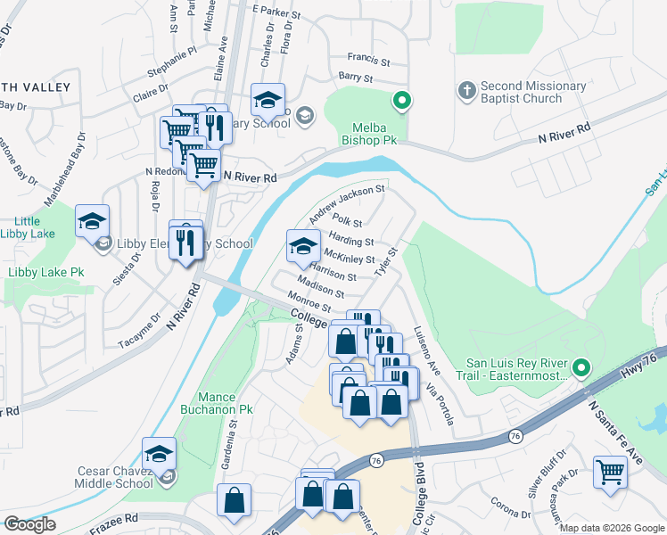 map of restaurants, bars, coffee shops, grocery stores, and more near 166 Harrison Street in Oceanside