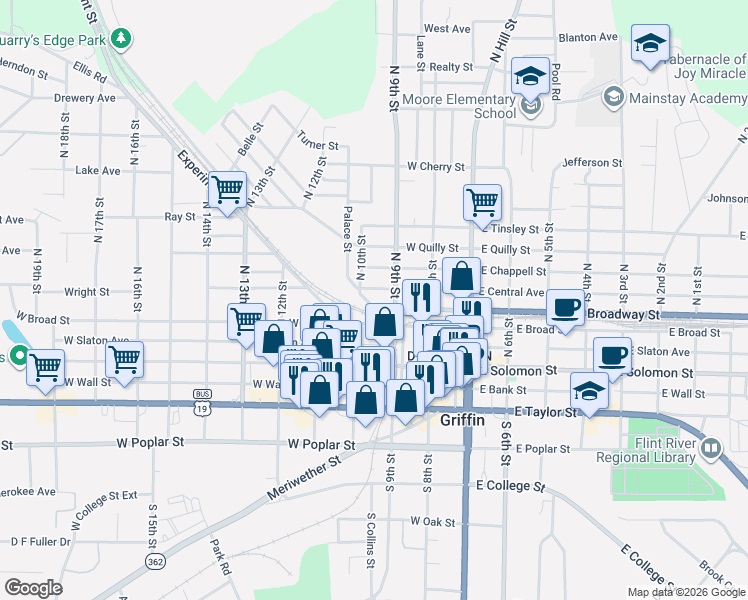 map of restaurants, bars, coffee shops, grocery stores, and more near 345 West Broad Street in Griffin