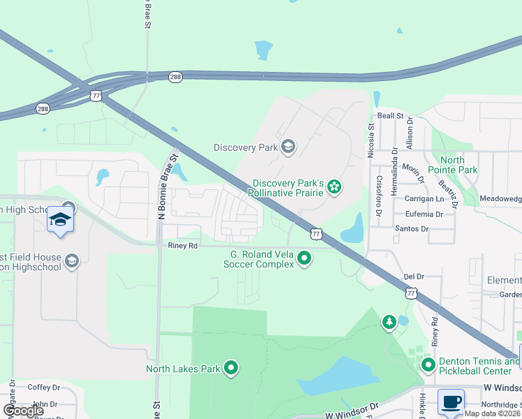 map of restaurants, bars, coffee shops, grocery stores, and more near 2217 Greystone Drive in Denton