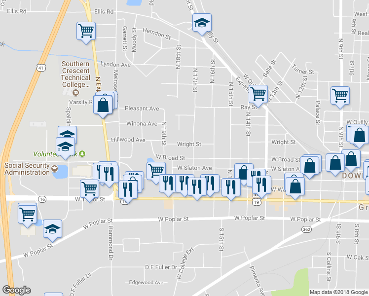 map of restaurants, bars, coffee shops, grocery stores, and more near 1118 Wright Street in Griffin