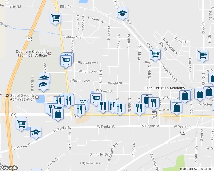 map of restaurants, bars, coffee shops, grocery stores, and more near 1130 Wright Street in Griffin