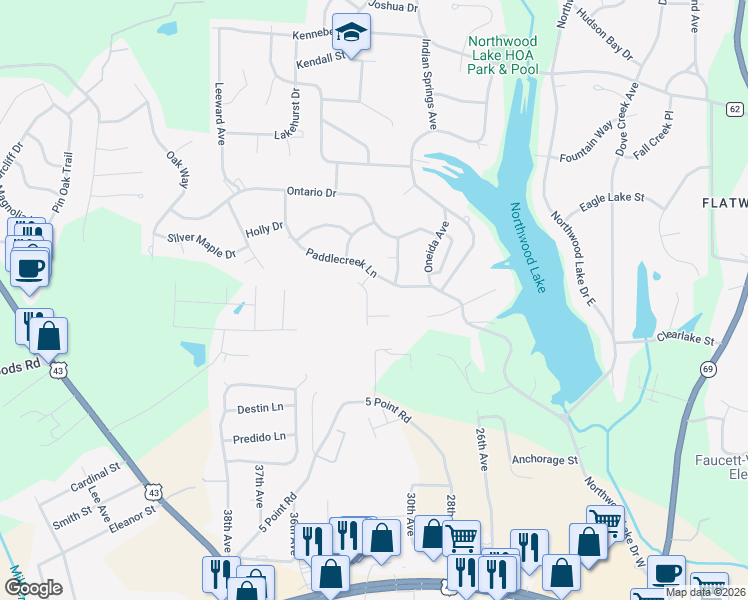map of restaurants, bars, coffee shops, grocery stores, and more near 4513 Rainwood Avenue in Northport