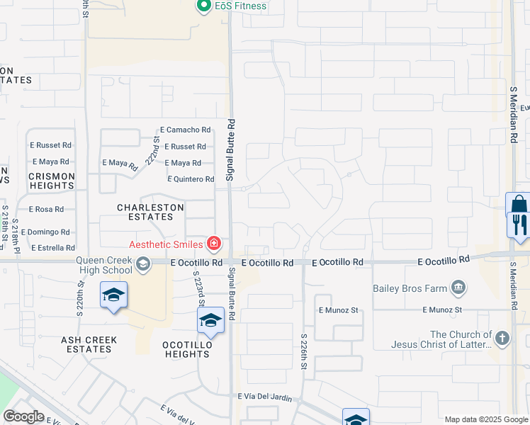 map of restaurants, bars, coffee shops, grocery stores, and more near 21622 South 224th Place in Queen Creek