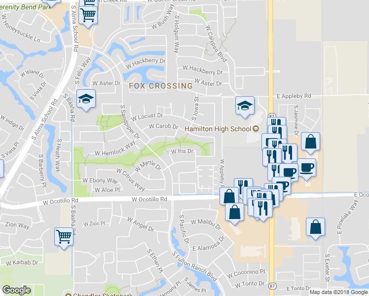 map of restaurants, bars, coffee shops, grocery stores, and more near 500 West Iris Drive in Chandler