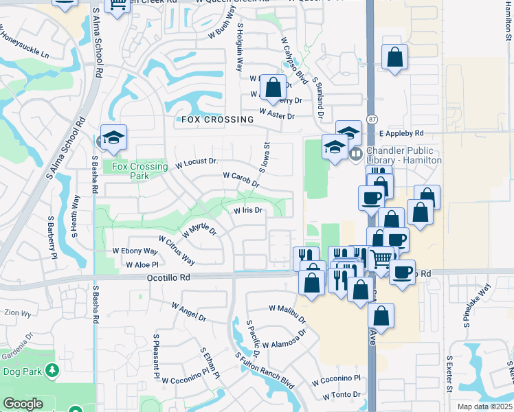 map of restaurants, bars, coffee shops, grocery stores, and more near 511 West Iris Drive in Chandler