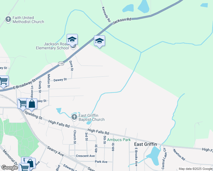 map of restaurants, bars, coffee shops, grocery stores, and more near 1402 Dewey Street in Griffin