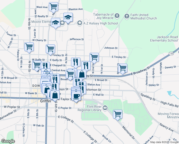 map of restaurants, bars, coffee shops, grocery stores, and more near 510 East Central Avenue in Griffin