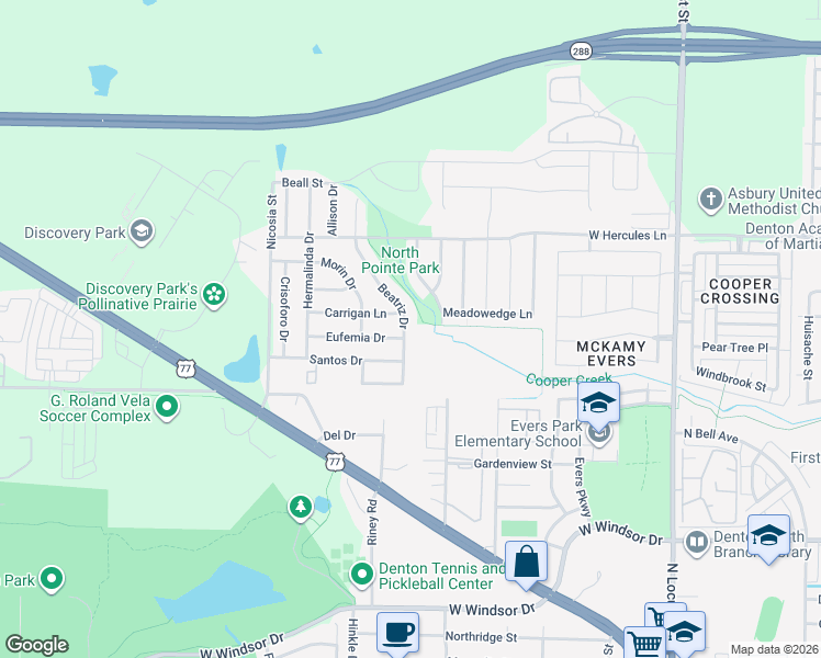 map of restaurants, bars, coffee shops, grocery stores, and more near 3428 Beatriz Drive in Denton