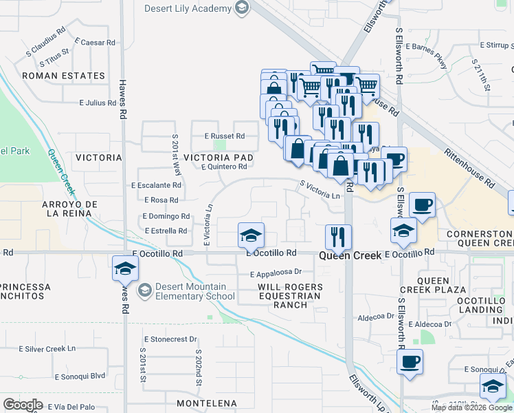 map of restaurants, bars, coffee shops, grocery stores, and more near 21800 South 204th Street in Queen Creek