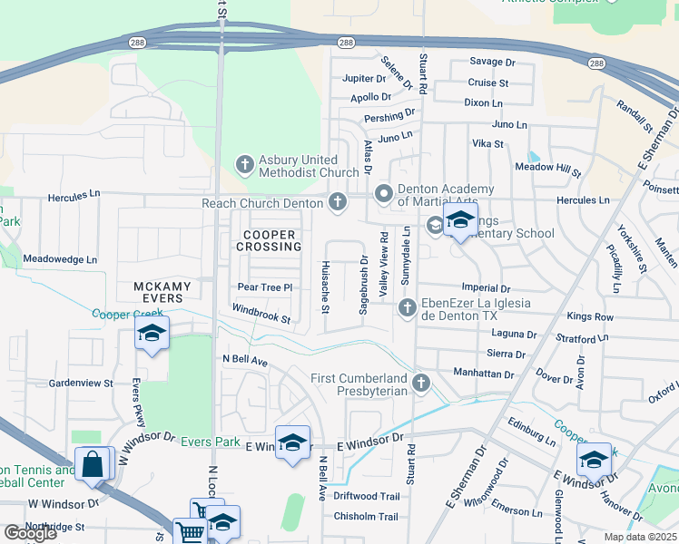 map of restaurants, bars, coffee shops, grocery stores, and more near 3308 Huisache Street in Denton