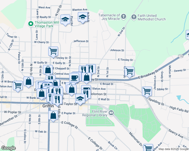 map of restaurants, bars, coffee shops, grocery stores, and more near 510 East Central Avenue in Griffin