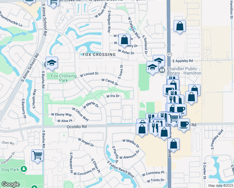 map of restaurants, bars, coffee shops, grocery stores, and more near 511 West Iris Drive in Chandler