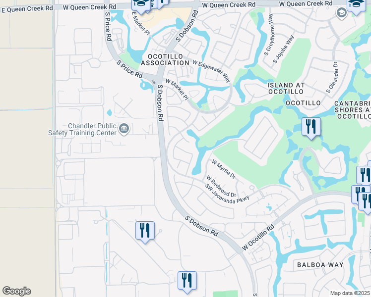 map of restaurants, bars, coffee shops, grocery stores, and more near 2350 West Myrtle Drive in Chandler