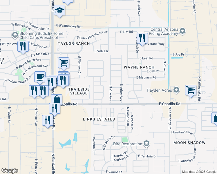 map of restaurants, bars, coffee shops, grocery stores, and more near 40958 North Vine Avenue in San Tan Valley