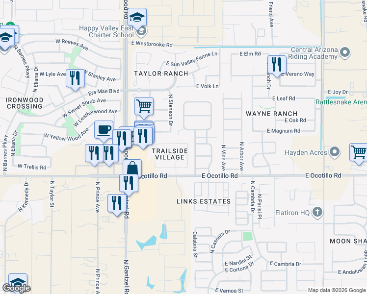 map of restaurants, bars, coffee shops, grocery stores, and more near 713 East Harvest Road in Queen Creek