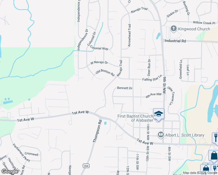 map of restaurants, bars, coffee shops, grocery stores, and more near 644 Navajo Trail in Alabaster