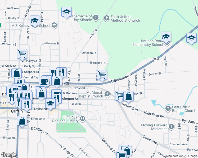 map of restaurants, bars, coffee shops, grocery stores, and more near 802 East Broadway Street in Griffin
