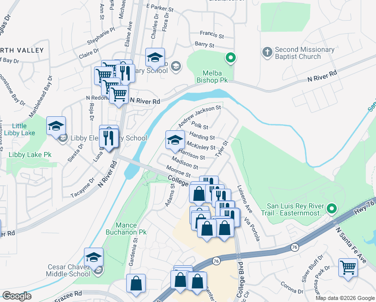 map of restaurants, bars, coffee shops, grocery stores, and more near 166 Madison Street in Oceanside