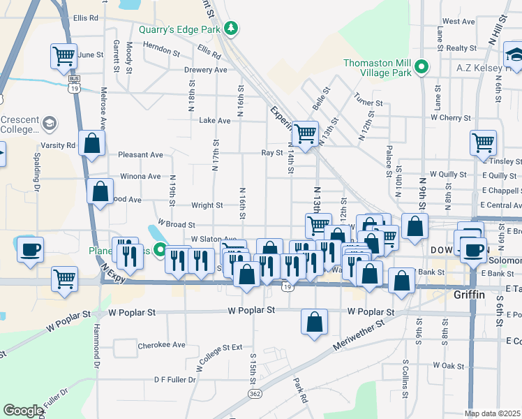 map of restaurants, bars, coffee shops, grocery stores, and more near 915 West Broad Street in Griffin