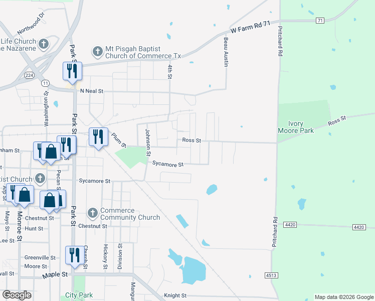 map of restaurants, bars, coffee shops, grocery stores, and more near 1310 Champion Lane in Commerce