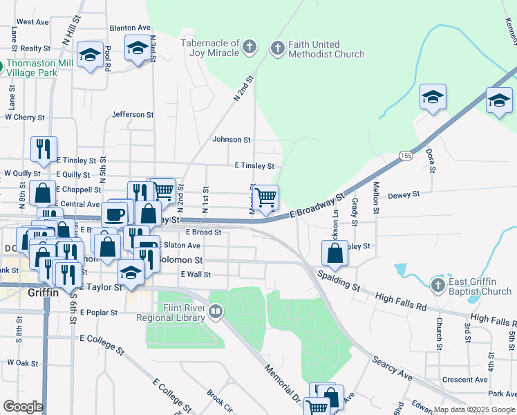 map of restaurants, bars, coffee shops, grocery stores, and more near 110 Morris Street in Griffin