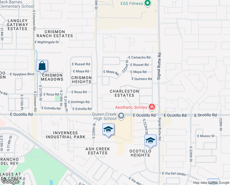 map of restaurants, bars, coffee shops, grocery stores, and more near 22124 East Domingo Road in Queen Creek