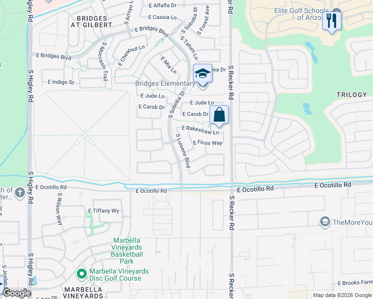 map of restaurants, bars, coffee shops, grocery stores, and more near 3850 East Narrowleaf Drive in Gilbert