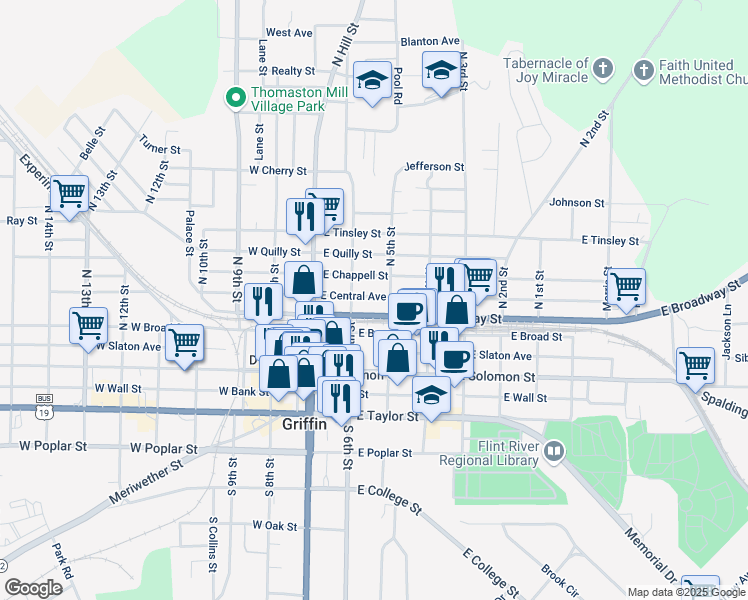 map of restaurants, bars, coffee shops, grocery stores, and more near 223 East Broadway Street in Griffin