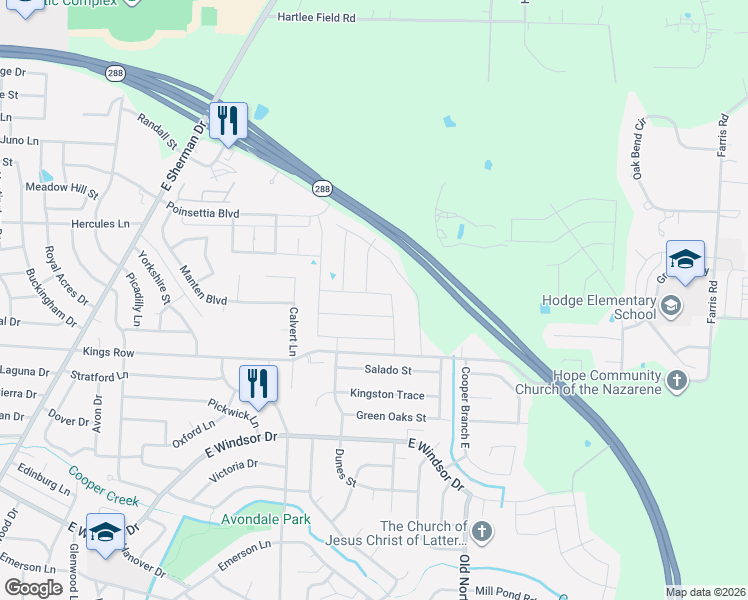 map of restaurants, bars, coffee shops, grocery stores, and more near 2320 Harvest Hill Drive in Denton