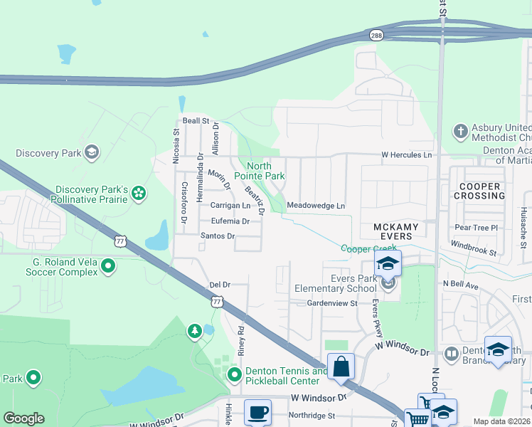 map of restaurants, bars, coffee shops, grocery stores, and more near 3428 Beatriz Drive in Denton