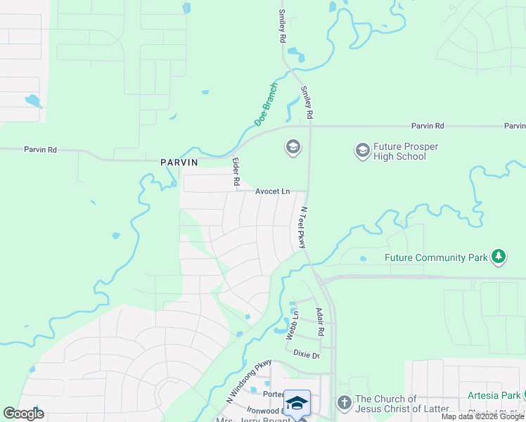 map of restaurants, bars, coffee shops, grocery stores, and more near Prosper Road in Prosper