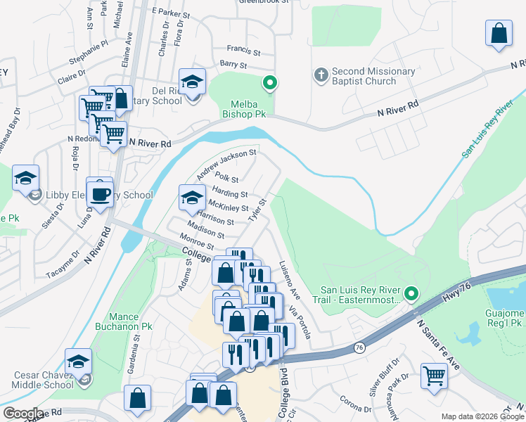 map of restaurants, bars, coffee shops, grocery stores, and more near 4970 Gabrielieno Avenue in Oceanside