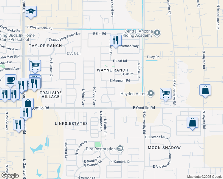 map of restaurants, bars, coffee shops, grocery stores, and more near 1401 East Press Road in San Tan Valley
