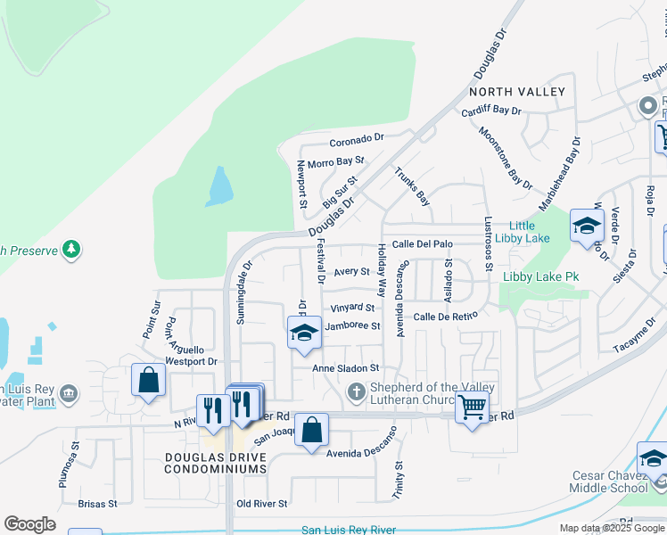 map of restaurants, bars, coffee shops, grocery stores, and more near 318 Festival Drive in Oceanside