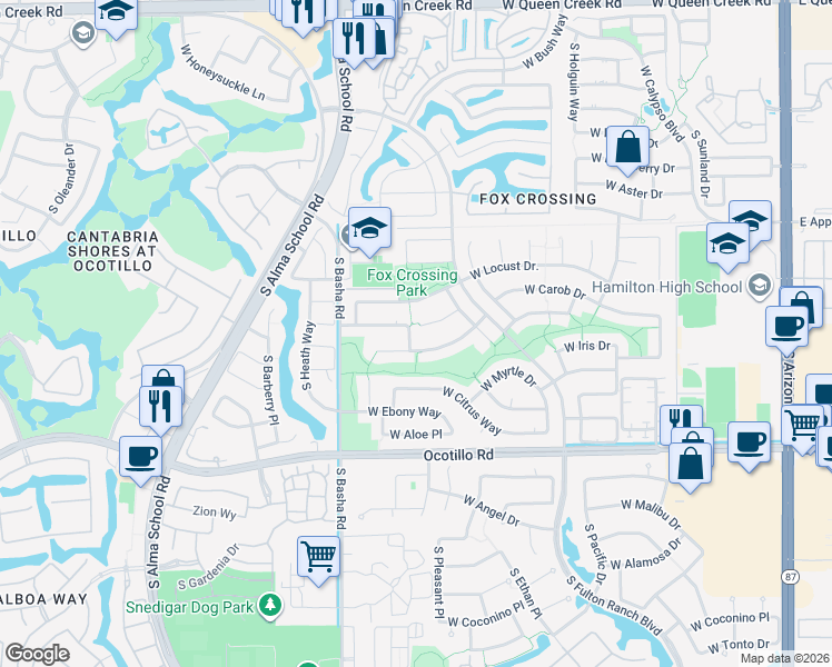 map of restaurants, bars, coffee shops, grocery stores, and more near 712 West Carob Place in Chandler