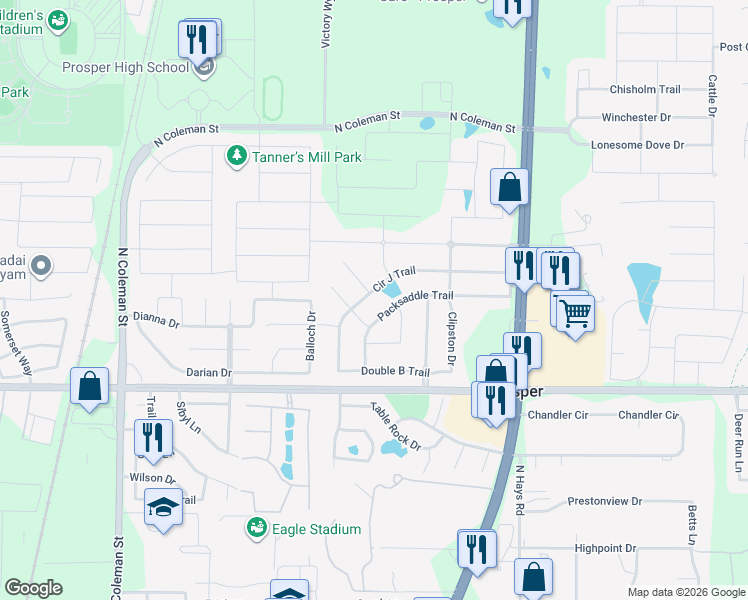 map of restaurants, bars, coffee shops, grocery stores, and more near 1401 Blackpool Lane in Prosper