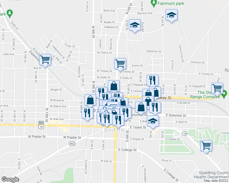 map of restaurants, bars, coffee shops, grocery stores, and more near 217 North Hill Street in Griffin