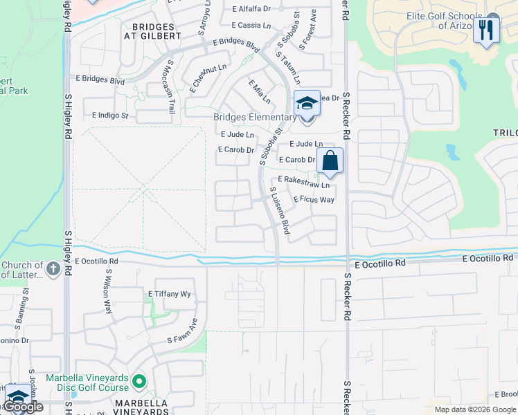 map of restaurants, bars, coffee shops, grocery stores, and more near 5400 South Luiseno Boulevard in Gilbert