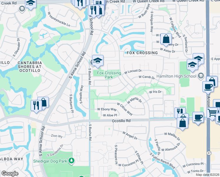 map of restaurants, bars, coffee shops, grocery stores, and more near 712 West Carob Place in Chandler