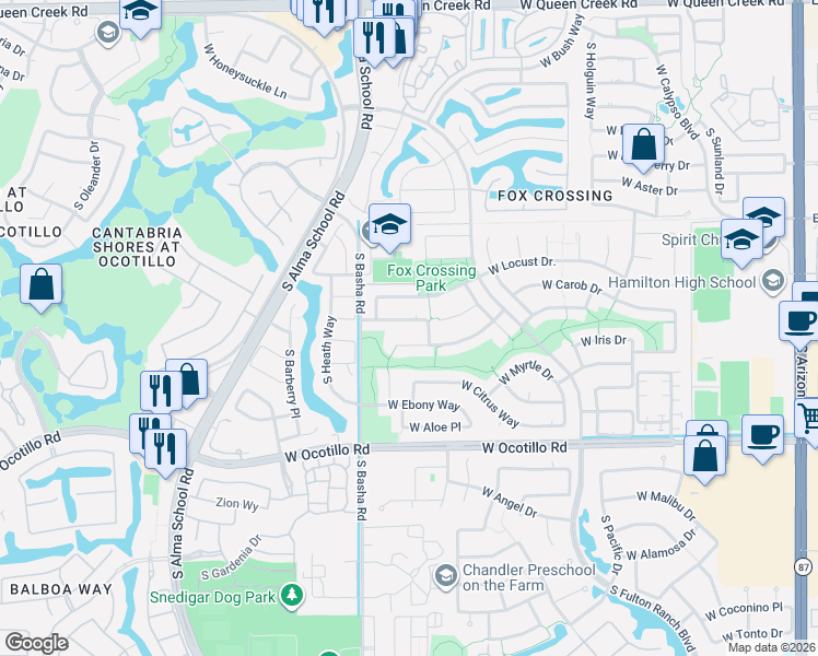map of restaurants, bars, coffee shops, grocery stores, and more near 759 West Locust Drive in Chandler