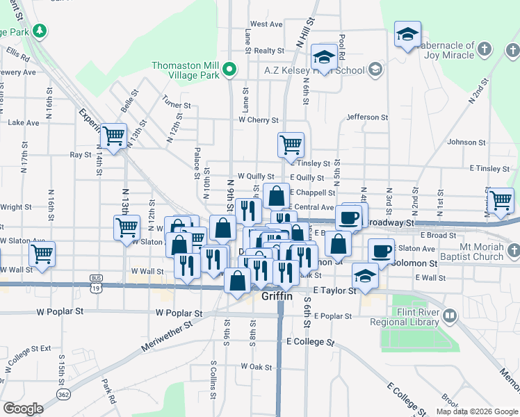 map of restaurants, bars, coffee shops, grocery stores, and more near 204 West Chappell Street in Griffin