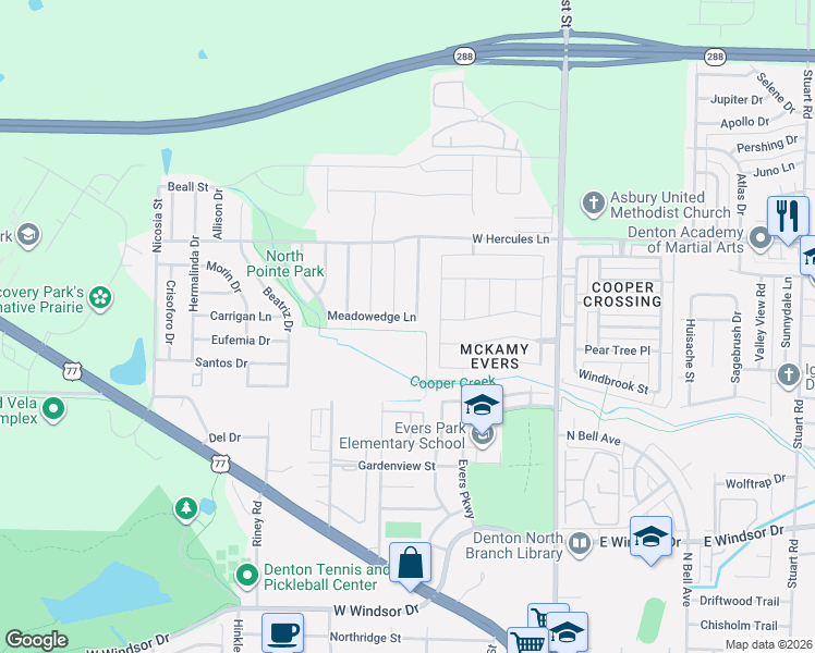 map of restaurants, bars, coffee shops, grocery stores, and more near 3508 Meadowtrail Lane in Denton