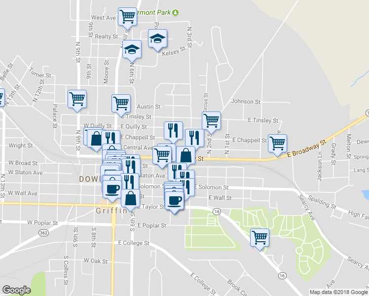 map of restaurants, bars, coffee shops, grocery stores, and more near 415 East Central Avenue in Griffin