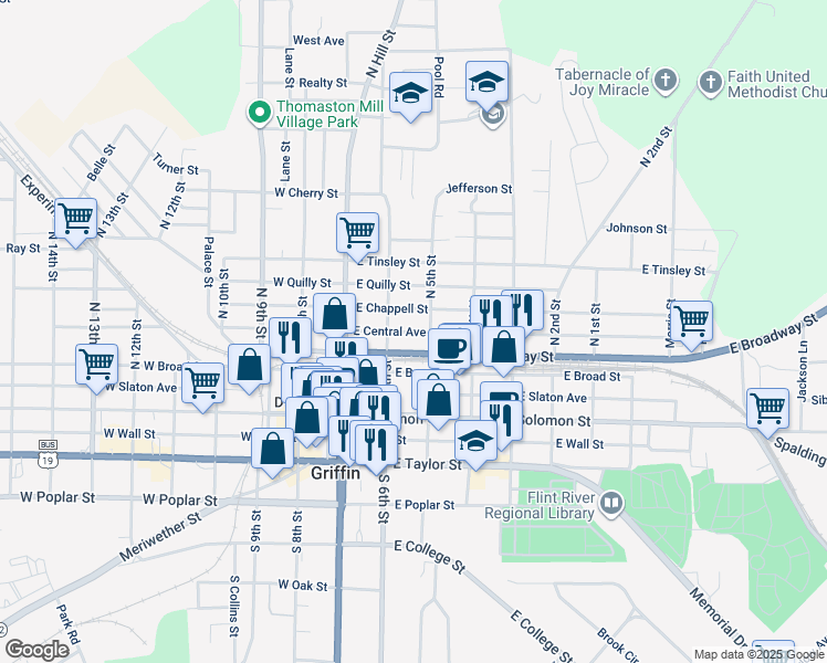 map of restaurants, bars, coffee shops, grocery stores, and more near 217 East Central Avenue in Griffin
