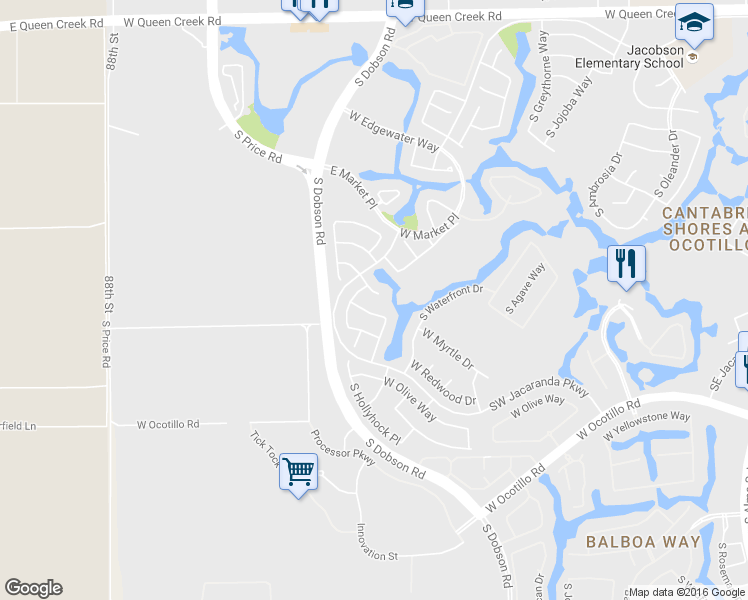 map of restaurants, bars, coffee shops, grocery stores, and more near 2382 West Hemlock Court in Chandler
