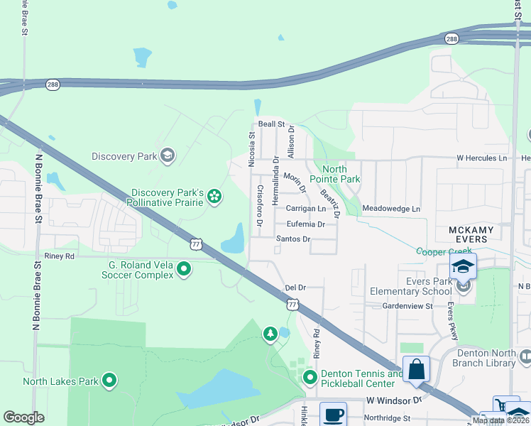 map of restaurants, bars, coffee shops, grocery stores, and more near 1532 Carrigan Lane in Denton