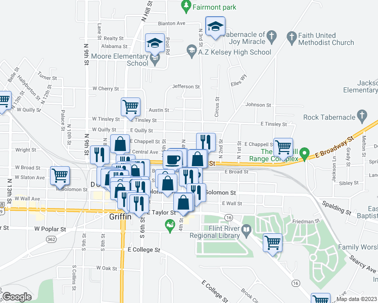 map of restaurants, bars, coffee shops, grocery stores, and more near 407 East Central Avenue in Griffin