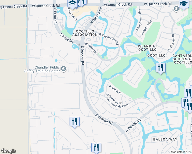 map of restaurants, bars, coffee shops, grocery stores, and more near 2382 West Hemlock Court in Chandler