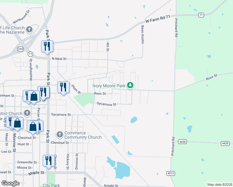 map of restaurants, bars, coffee shops, grocery stores, and more near 106 Short Ross Street in Commerce
