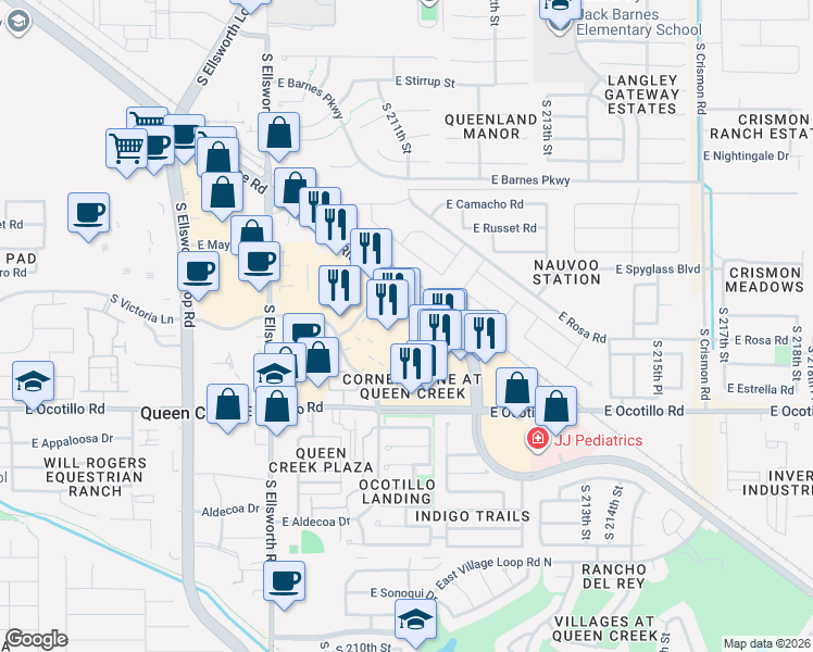map of restaurants, bars, coffee shops, grocery stores, and more near 21055 East Rittenhouse Road in Queen Creek